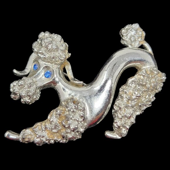 Vintage Gerrys Silver-Tone Poodle Brooch With Blue Rhinestone Eyes - Picture 1 of 5